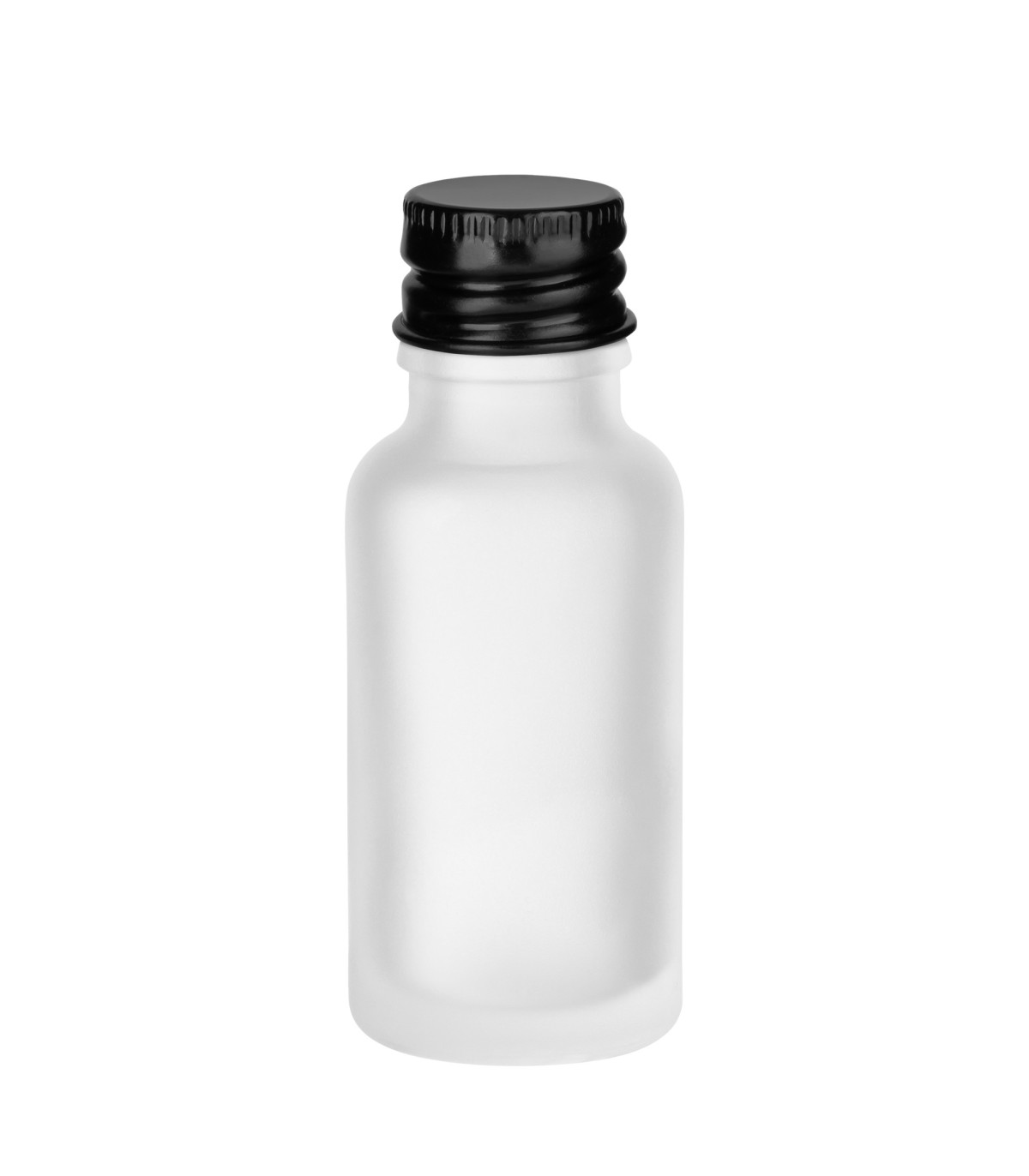 Glasflasche farblos satiniert 20 ml mit schwarzem Aluminium-Verschluss