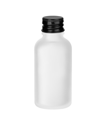 Glasflasche farblos satiniert 30 ml mit schwarzem Aluminium-Verschluss