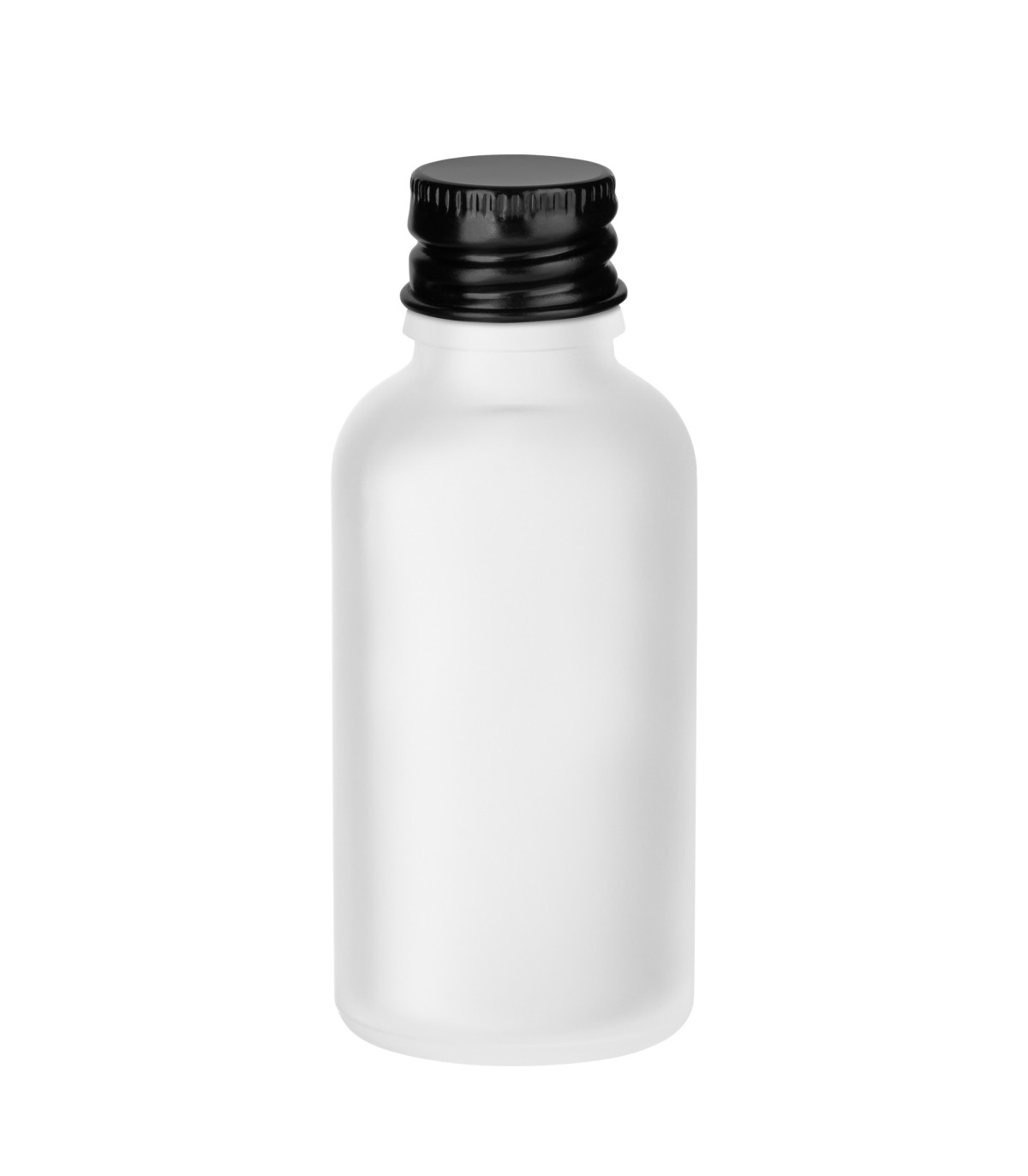 Glasflasche farblos satiniert 30 ml mit schwarzem Aluminium-Verschluss