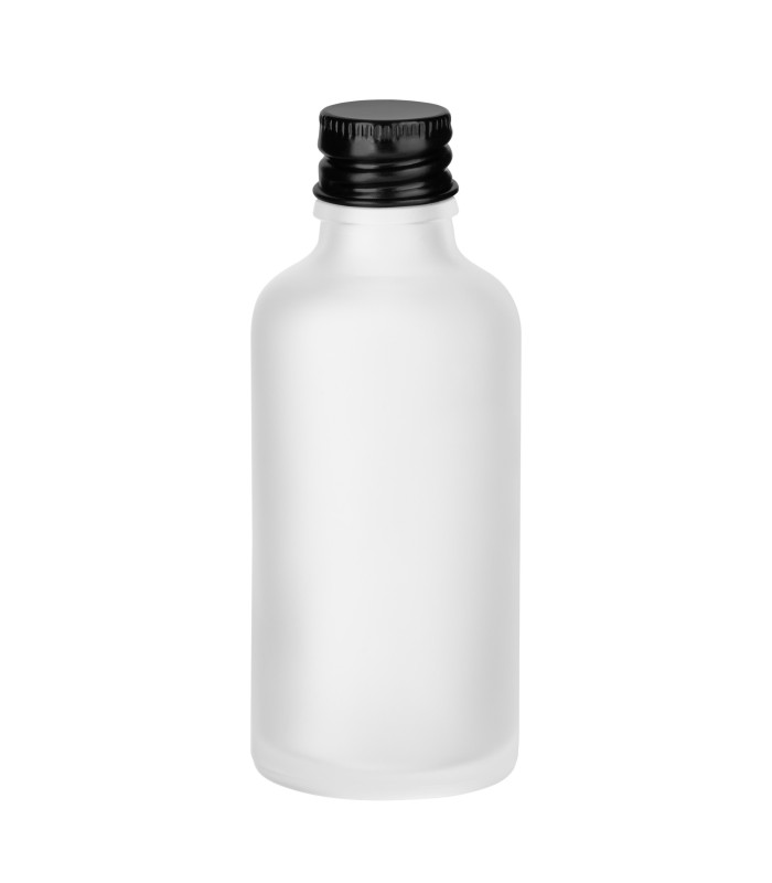 Glasflasche farblos satiniert 50 ml mit schwarzem Aluminium-Verschluss