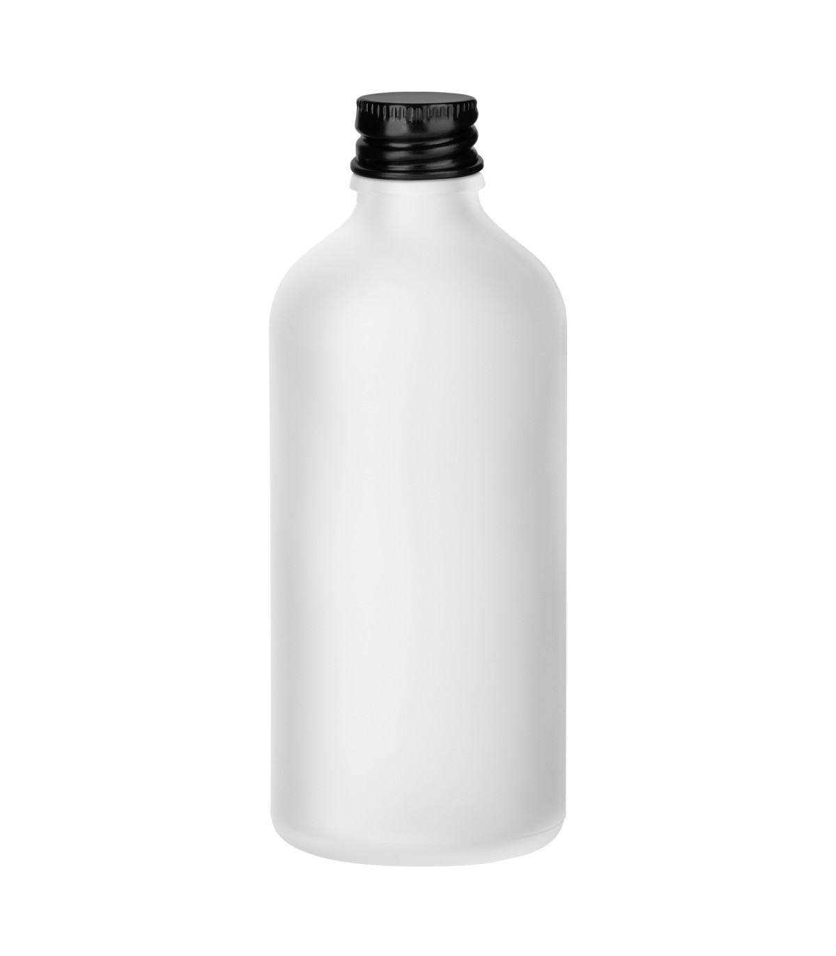Glasflasche farblos satiniert 100 ml mit schwarzem Aluminiumverschluss