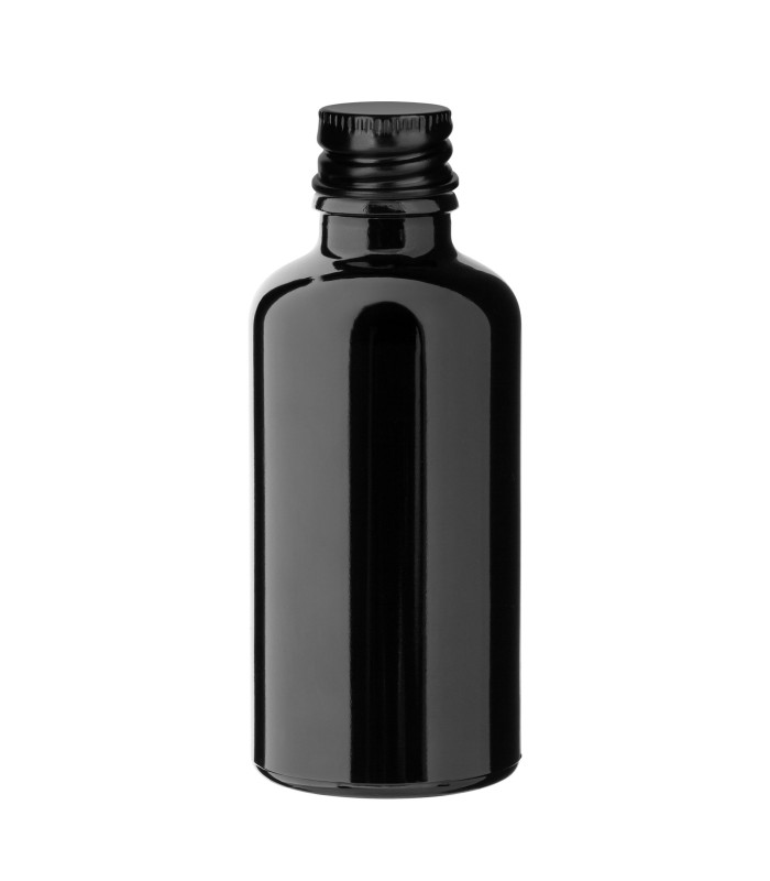 Glasflasche schwarz 50 ml mit schwarzem Aluminium-Schraubverschluss