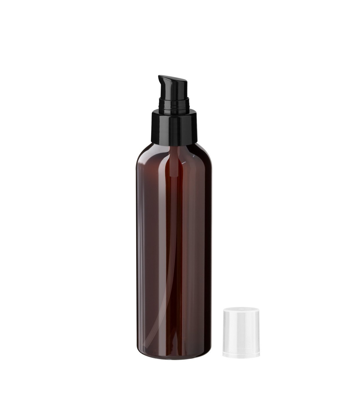 PET-Kunststoffflasche braun 150 ml mit schwarzer Pumpe - Leer 24/410