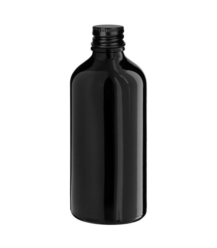 Schwarze Glasflasche 100 ml mit schwarzem Aluminium-Schraubverschluss