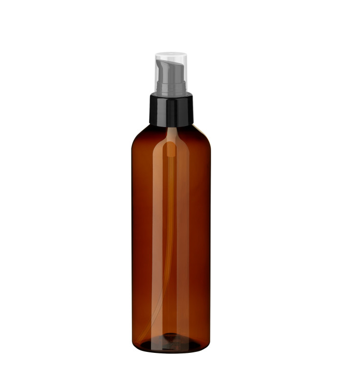 PET-Kunststoffflasche braun 200 ml mit schwarzer Pumpe - zum Befüllen
