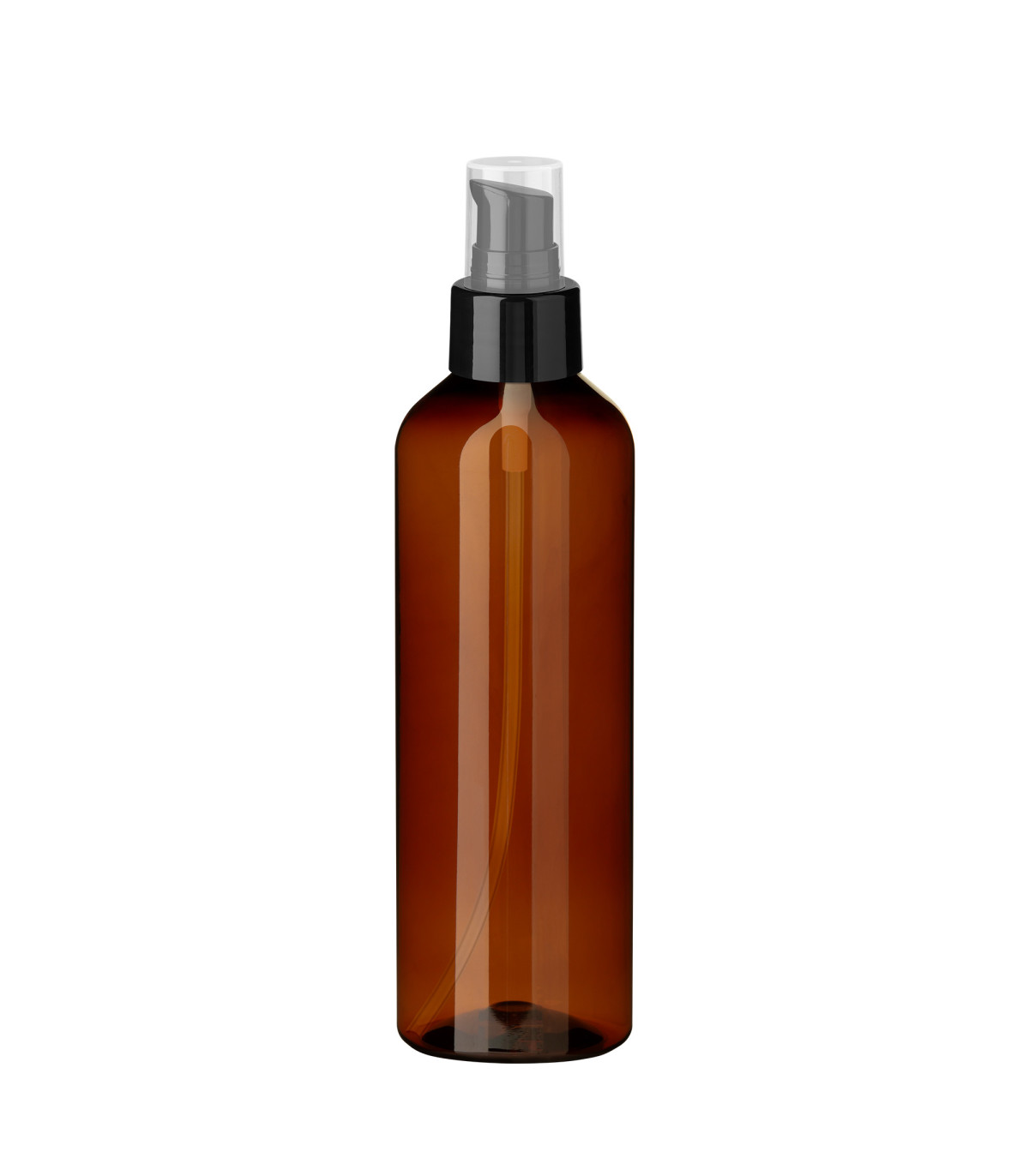PET-Kunststoffflasche braun 200 ml mit schwarzer Pumpe - zum Befüllen