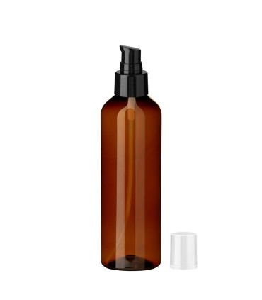 PET-Kunststoffflasche braun 200 ml mit schwarzer Pumpe - zum Befüllen