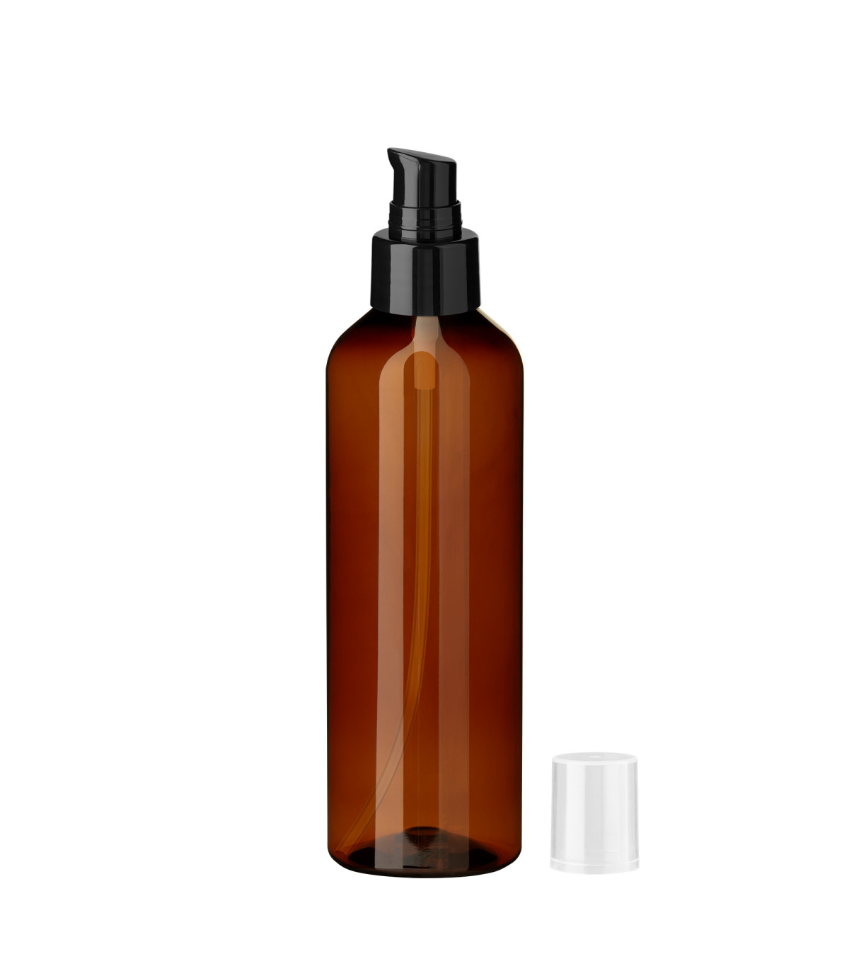 PET-Kunststoffflasche braun 200 ml mit schwarzer Pumpe - zum Befüllen