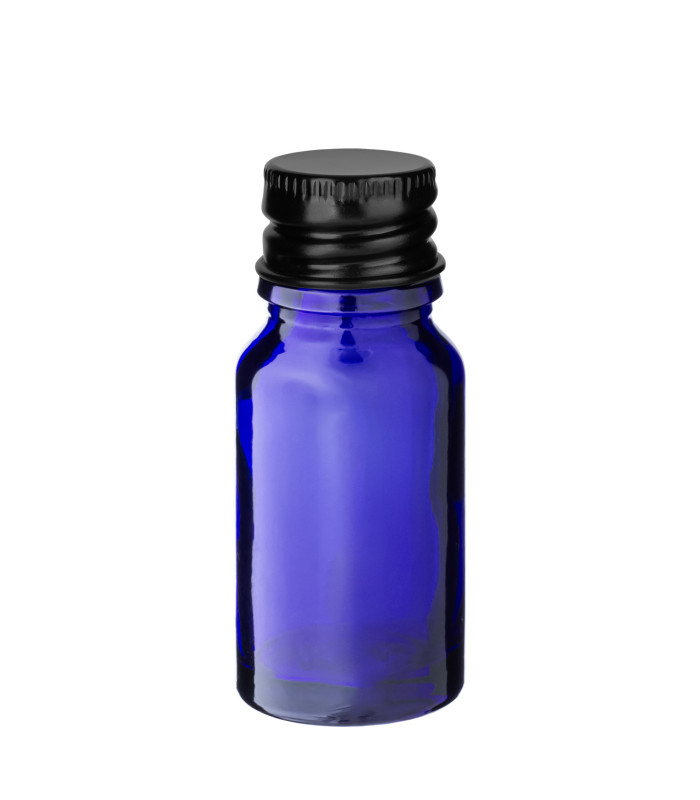 Glasflasche blau 10 ml mit schwarzem Aluminium-Schraubverschluss 18 mm