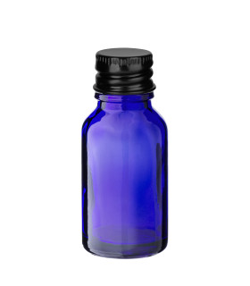 Glasflasche blau 15 ml mit schwarzem Aluminium-Schraubverschluss Leer