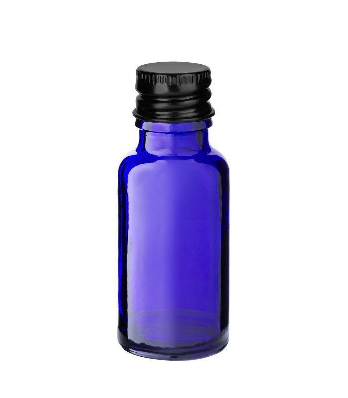 Glasflasche blau 20 ml mit schwarzem Aluminium-Schraubverschluss 18 mm