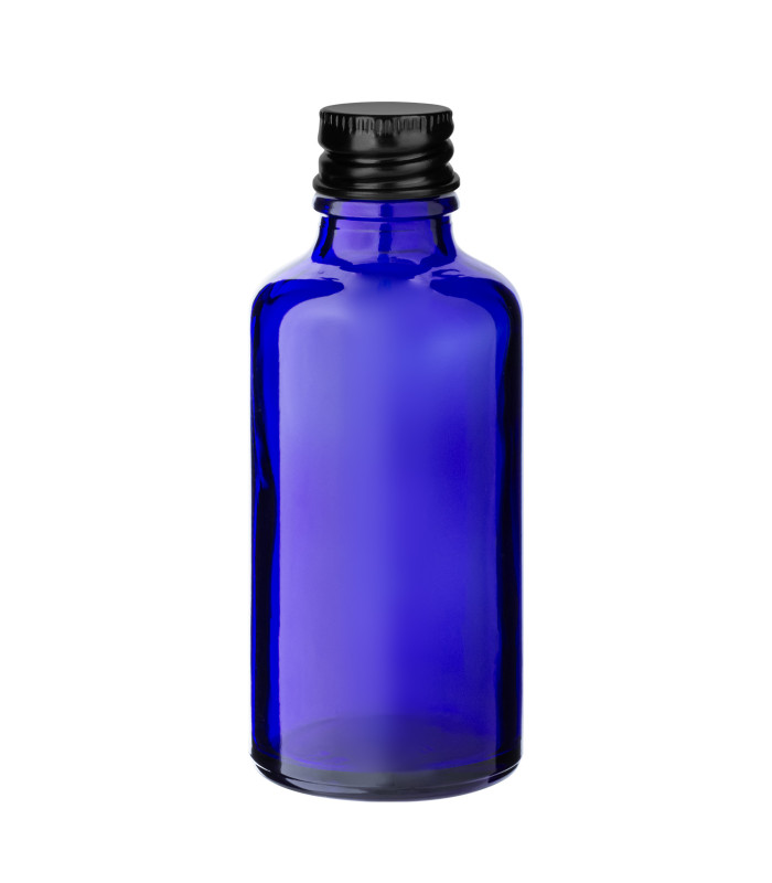 Blaue Glasflasche 50 ml mit schwarzem Aluminium-Schraubverschluss