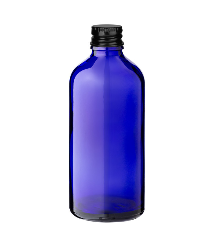 Glasflasche blau 100 ml mit schwarzem Aluminium-Schraubverschluss 18mm