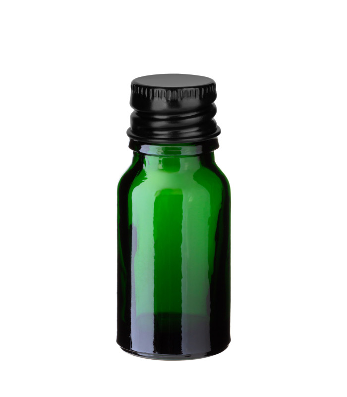 Grüne Glasflasche 10 ml mit schwarzem Aluminium-Schraubverschluss Leer