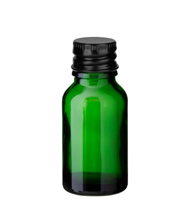 Grüne Glasflasche 15 ml mit schwarzem Aluminium-Schraubverschluss Leer
