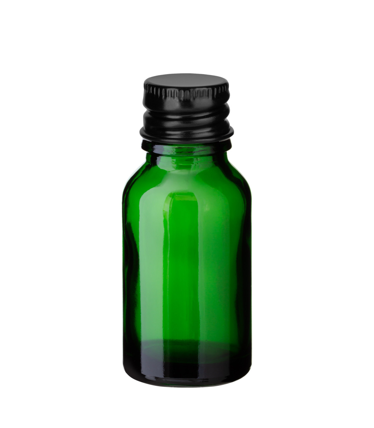 Grüne Glasflasche 15 ml mit schwarzem Aluminium-Schraubverschluss Leer