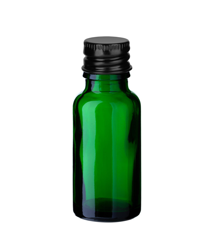 Grüne Glasflasche 20 ml mit schwarzem Aluminium-Schraubverschluss Set