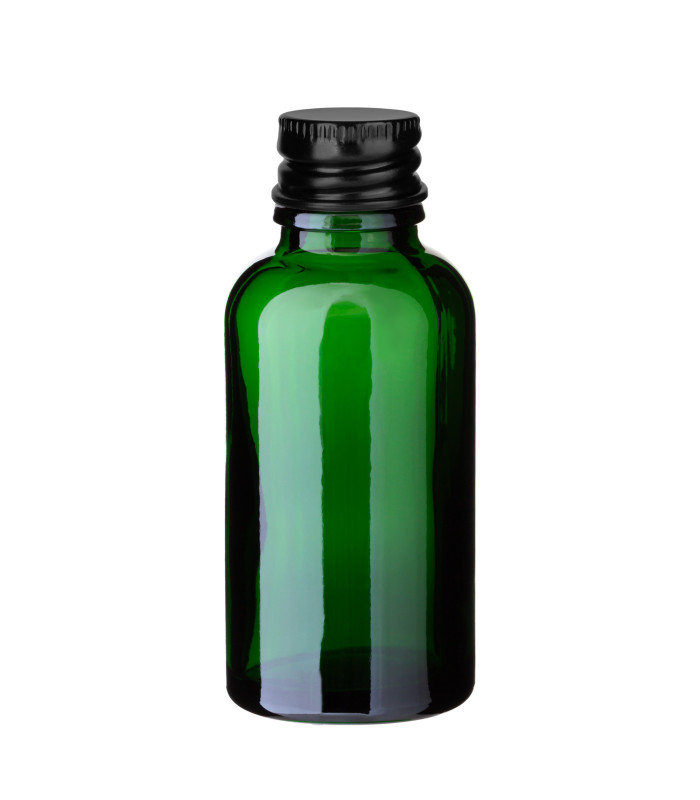 Grüne Glasflasche 30 ml mit schwarzem Aluminium-Schraubverschluss Leer