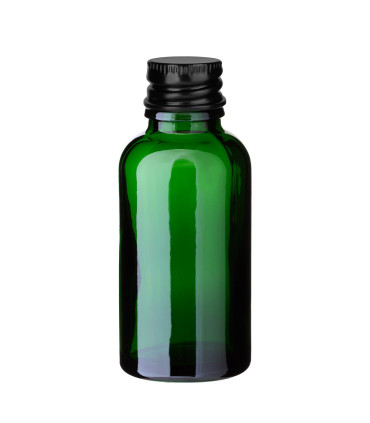 Grüne Glasflasche 30 ml mit schwarzem Aluminium-Schraubverschluss Leer