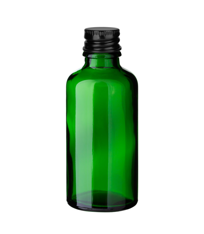 Grüne Glasflasche 50 ml mit schwarzem Aluminium-Schraubverschluss Leer