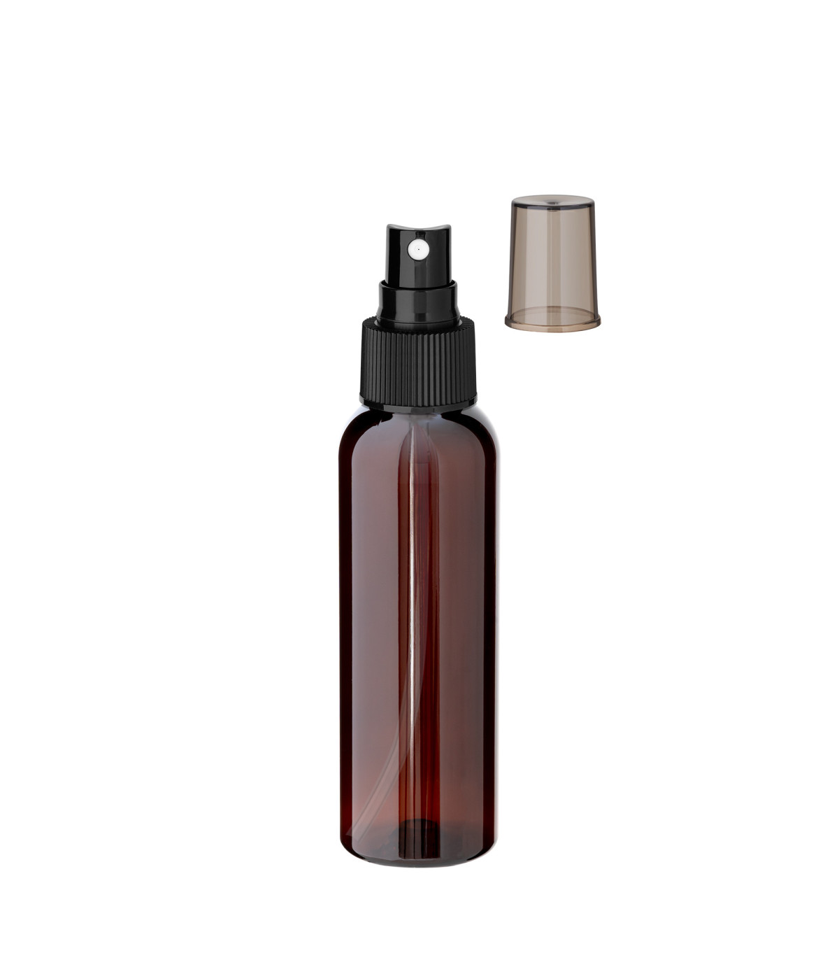 PET-Flasche 100 ml braun mit schwarzem Zerstäuber [3] - Leer DIN 24