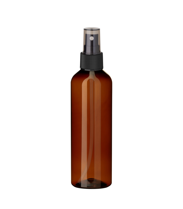 PET-Flasche 200 ml braun mit schwarzem Sprühkopf Pumpspray - DIN 24