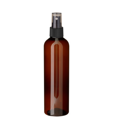 PET-Flasche 250 ml braun mit schwarzem Zerstäuber - Leer DIN 24