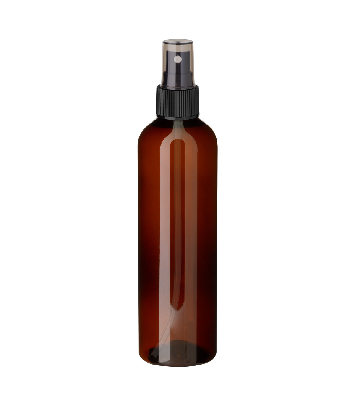PET-Flasche 250 ml braun mit schwarzem Zerstäuber - Leer DIN 24