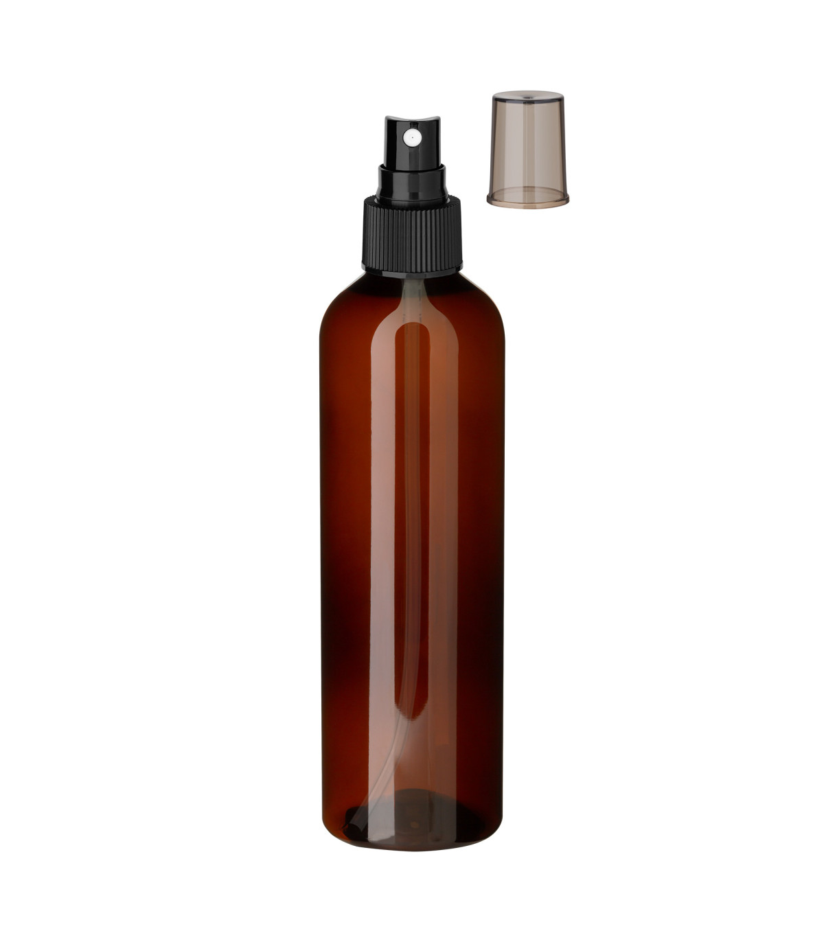 PET-Flasche 250 ml braun mit schwarzem Zerstäuber - Leer DIN 24