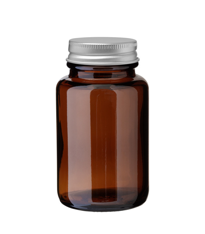Weithalsglas 100 ml braun mit sibernem Aluminium-Schraubdeckel - Leer