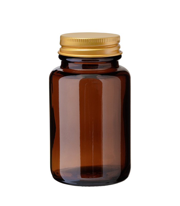 Weithalsglas 100 ml braun mit goldenem Aluminium-Schraubdeckel - Leer