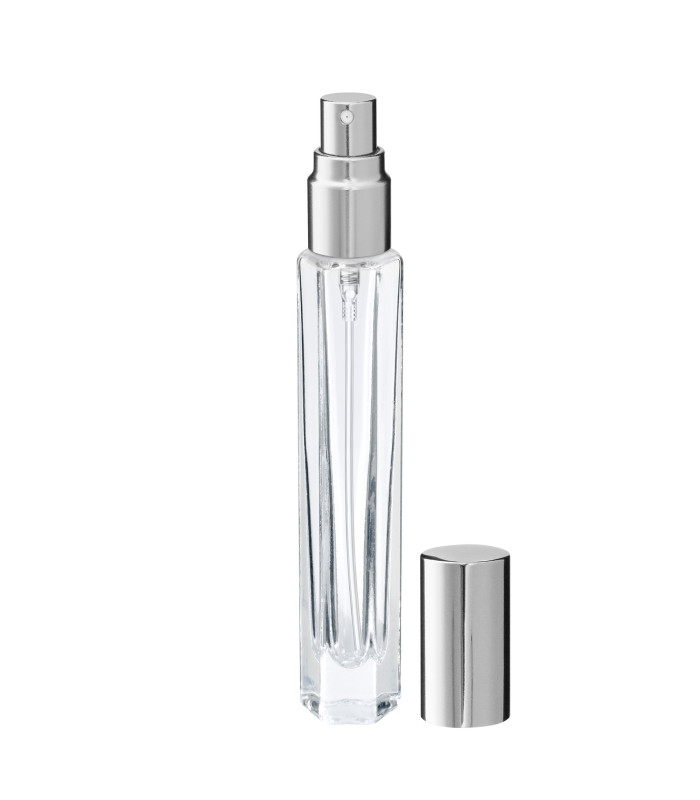 Glasflasche 10 ml klar hexagonal mit silbernem Zerstäuber - Leer