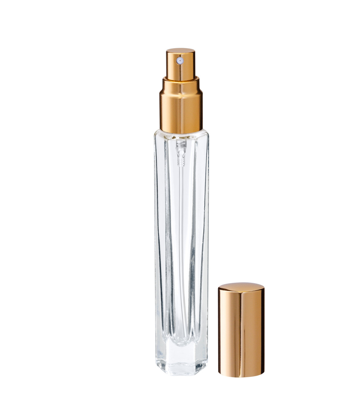 Parfümglasflasche 10 ml klar hexagonal mit goldenem Zerstäuber - Leer
