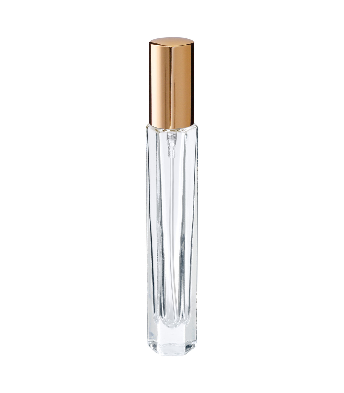 Parfümglasflasche 10 ml klar hexagonal mit goldenem Zerstäuber - Leer