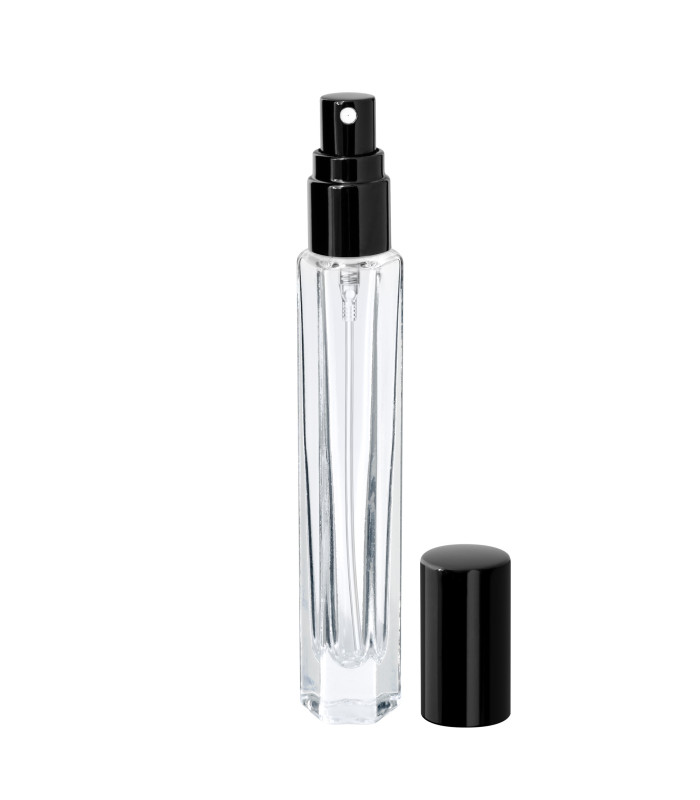 Parfümglasflasche 10 ml hexagonal klar mit schwarzem Zerstäuber - Leer