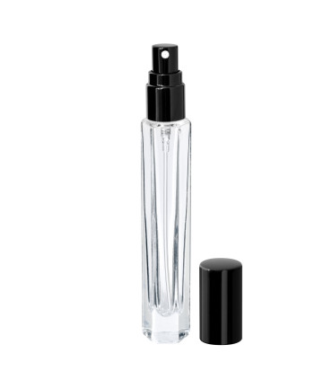 Parfümglasflasche 10 ml hexagonal klar mit schwarzem Zerstäuber - Leer