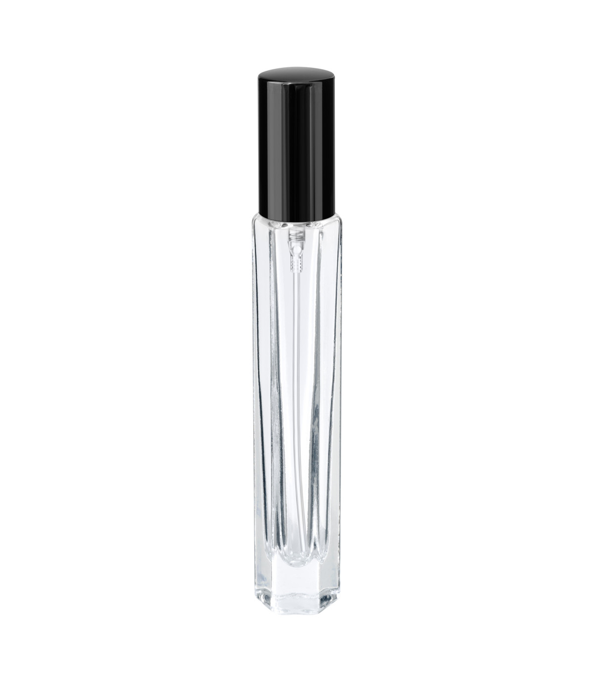 Parfümglasflasche 10 ml hexagonal klar mit schwarzem Zerstäuber - Leer