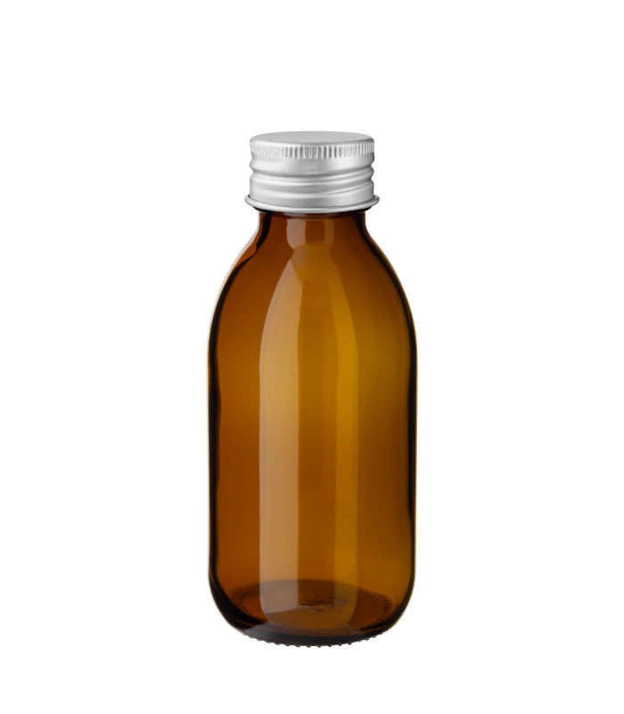 Glasflasche 125 ml braun mit silbernem Aluminium-Schraubverschluss