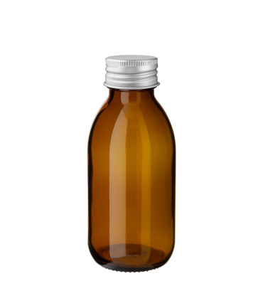 Glasflasche 125 ml braun mit silbernem Aluminium-Schraubverschluss