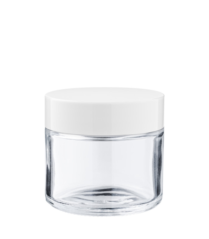 Glastiegel 60 ml klar mit weißem ABS-Deckel und Zwischendeckel
