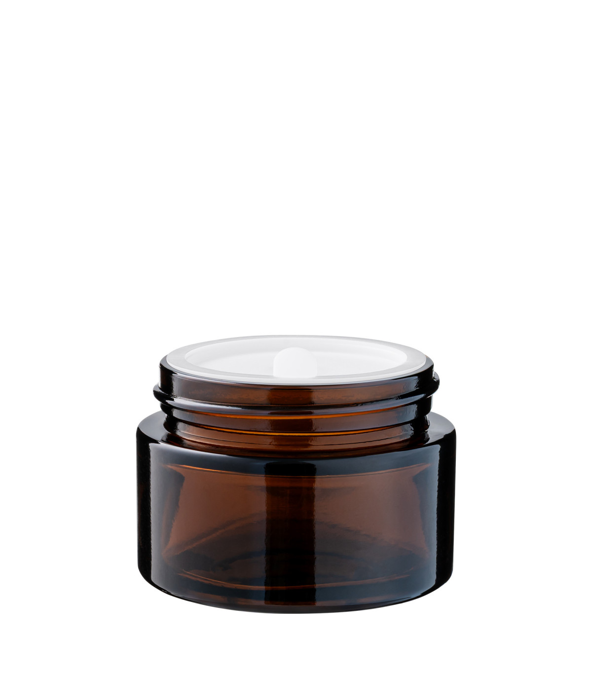 Kosmetiktiegel Glas braun 30 ml mit weißem ABS-Deckel und Zwischendeckel