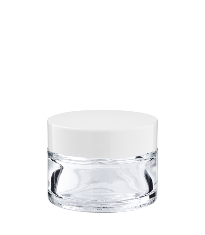 Glastiegel 30 ml klar mit weißem ABS-Deckel und Zwischendeckel