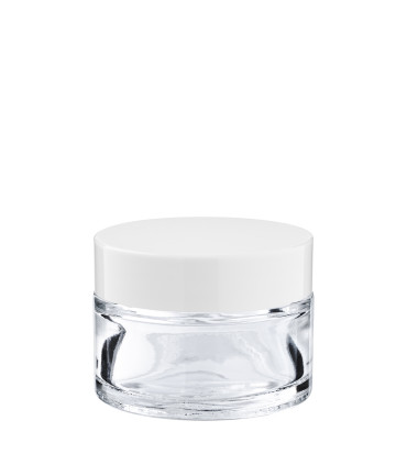 Glastiegel 30 ml klar mit weißem ABS-Deckel und Zwischendeckel