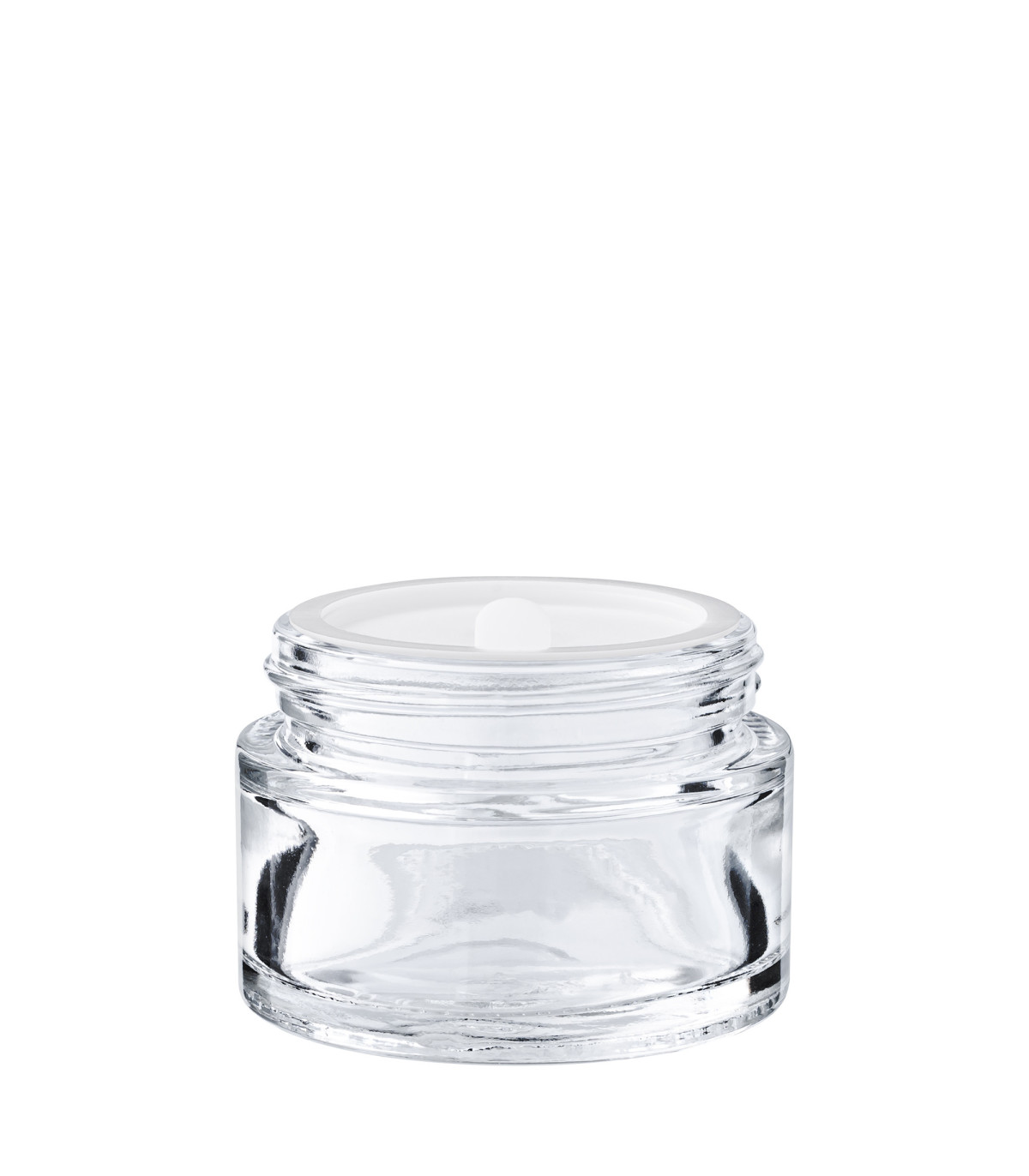 Glastiegel 30 ml klar mit weißem ABS-Deckel und Zwischendeckel