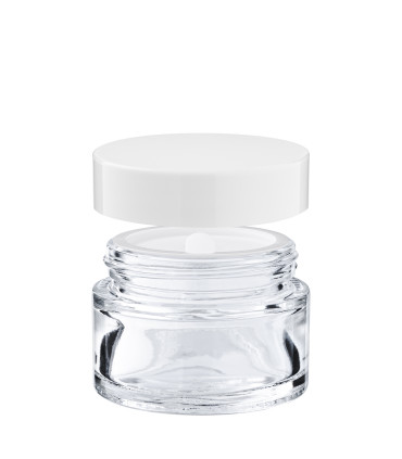 Glastiegel 30 ml klar mit weißem ABS-Deckel und Zwischendeckel