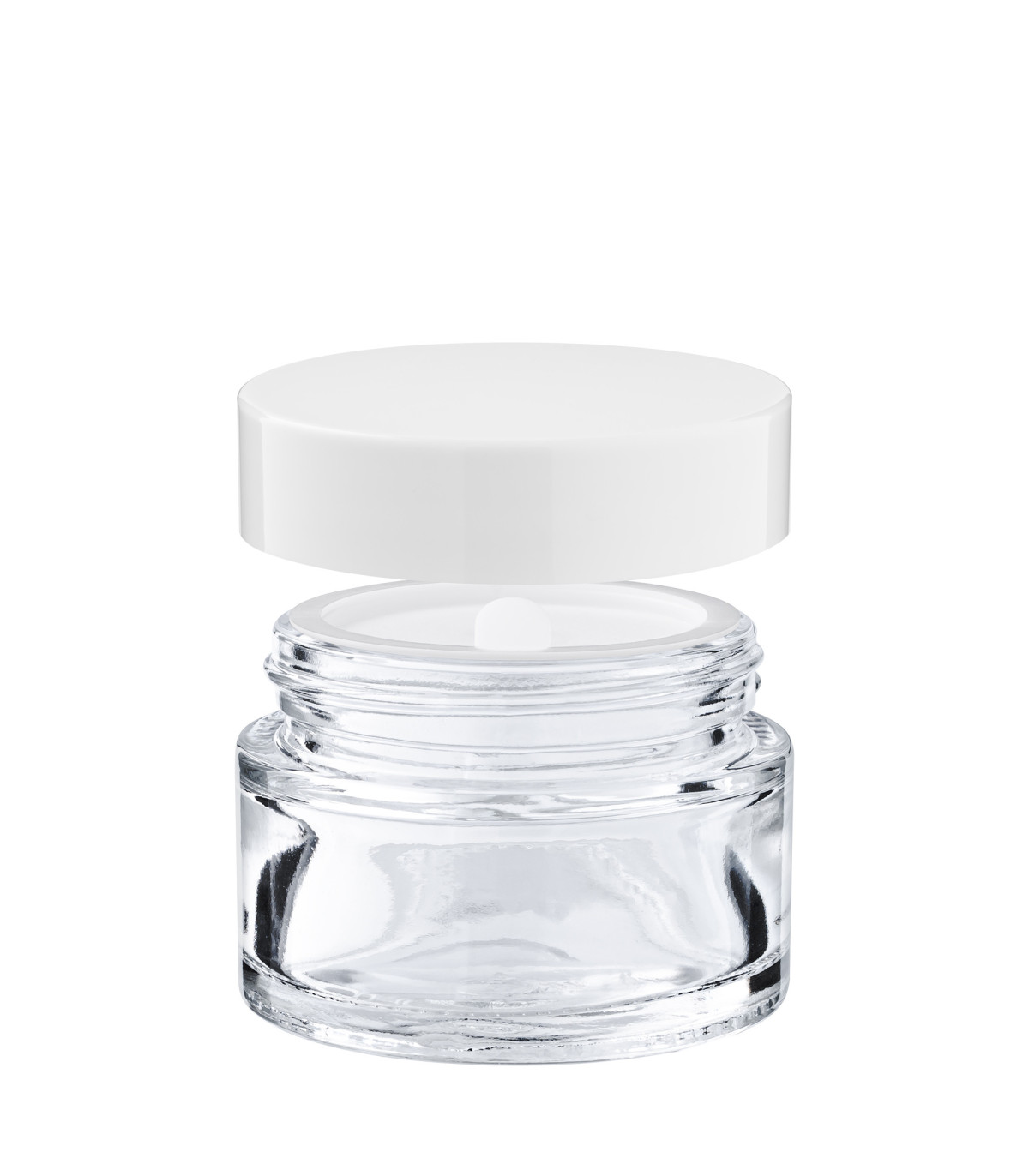Glastiegel 30 ml klar mit weißem ABS-Deckel und Zwischendeckel
