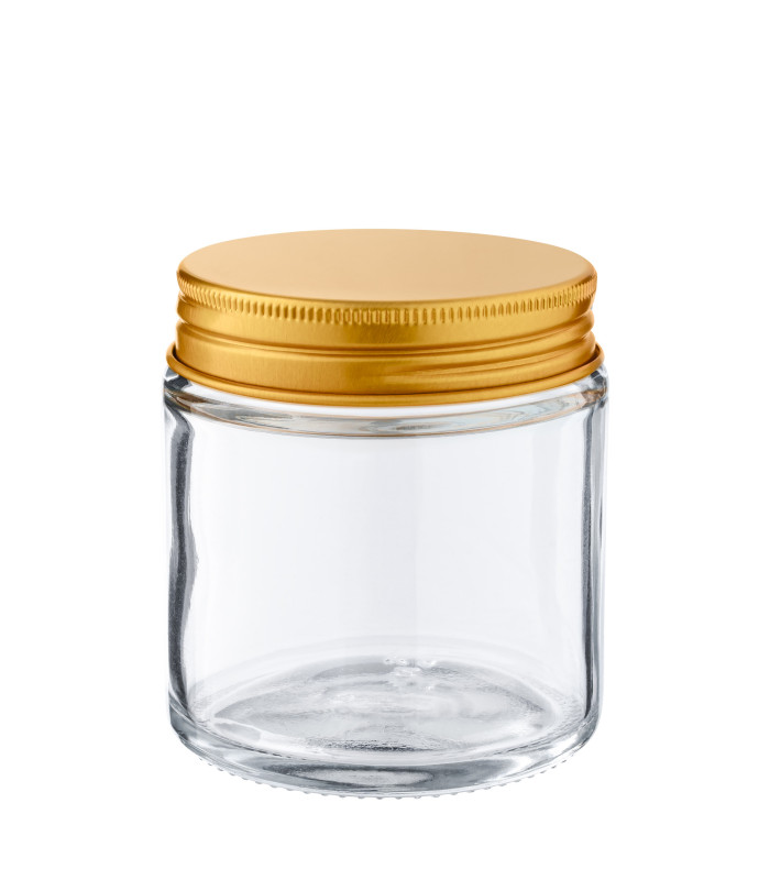 Glastiegel 120 ml klar mit goldenem Aluminium-Schraubdeckel