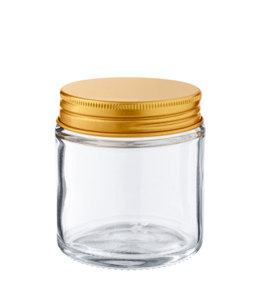 Kosmetiktiegel Glas klar 120 ml mit goldenem Aluminium Schraubdeckel