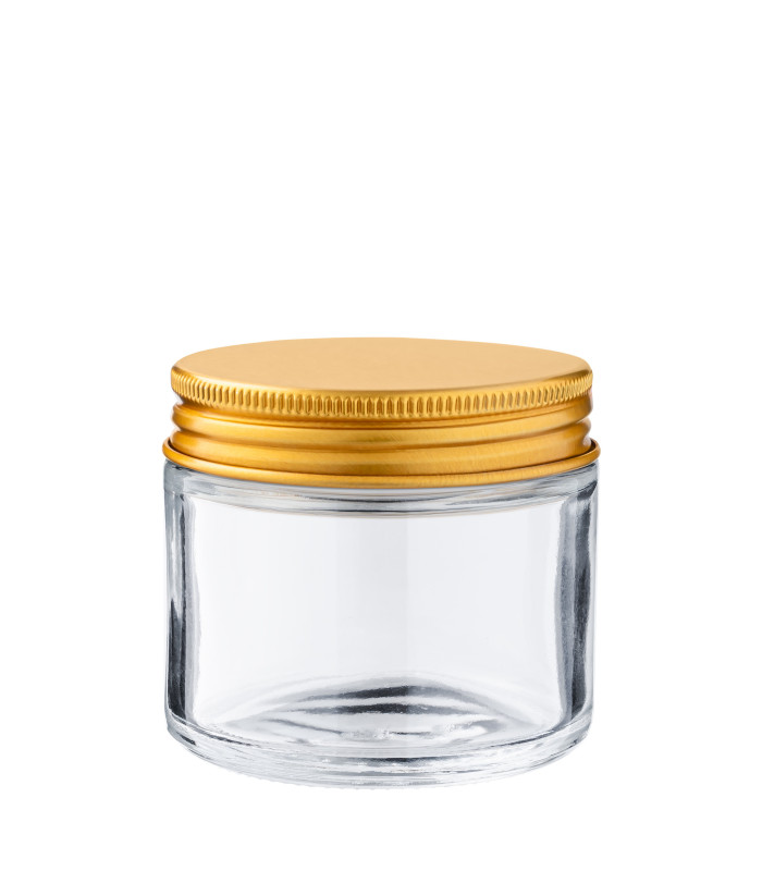Glastiegel 60 ml klar mit goldenem Aluminium-Schraubdeckel