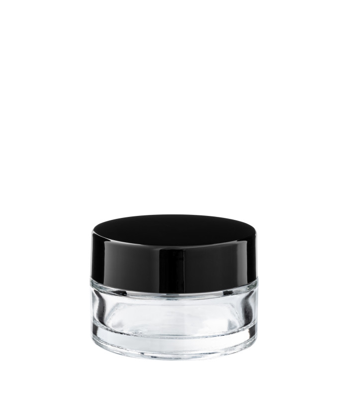 Glastiegel 20 ml klar mit schwarzem ABS-Deckel und Zwischendeckel
